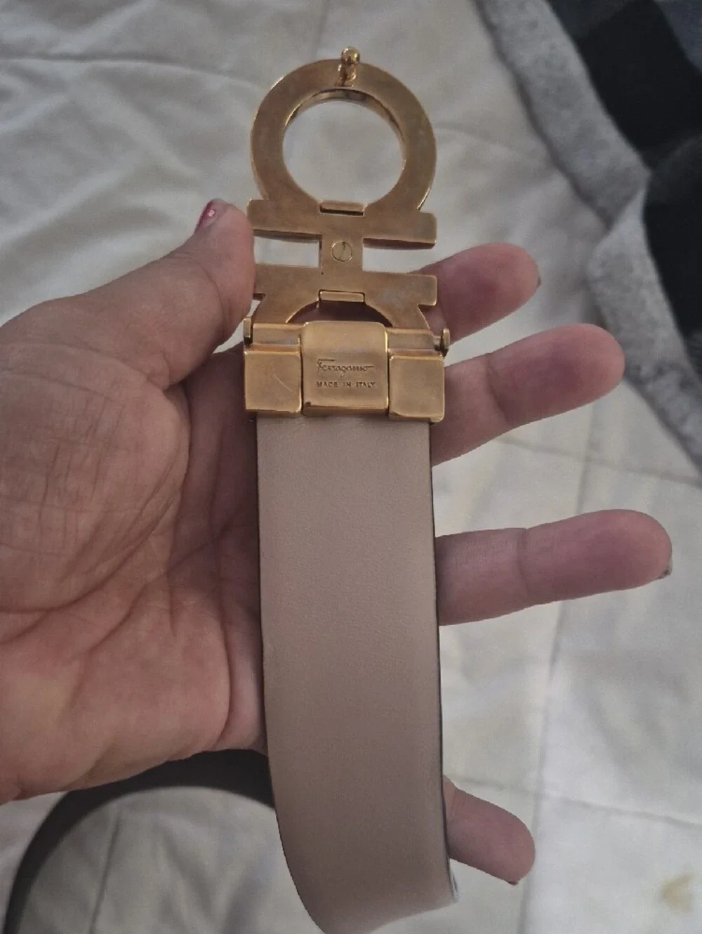 Salvatore Ferragamo Black And Beige Two-Sided Gold Double Gancini Belt. Auth.